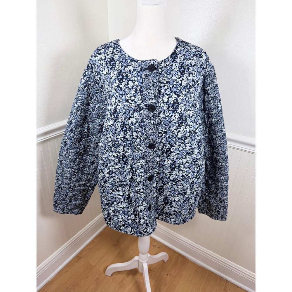 J. JIll Womens Blue Floral Quilted Button Up Jacket Size XL